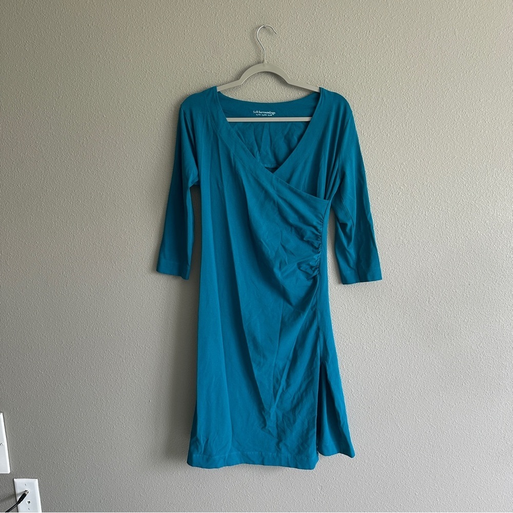 Soft Surroundings Teal Ruched Midi Dress Small